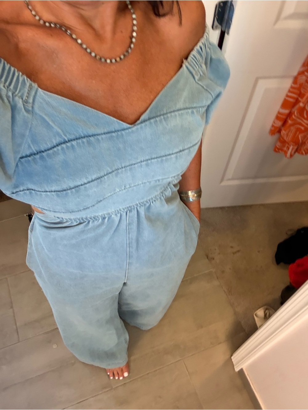 SHEIN Light Blue Off-Shoulder Denim Jumpsuit